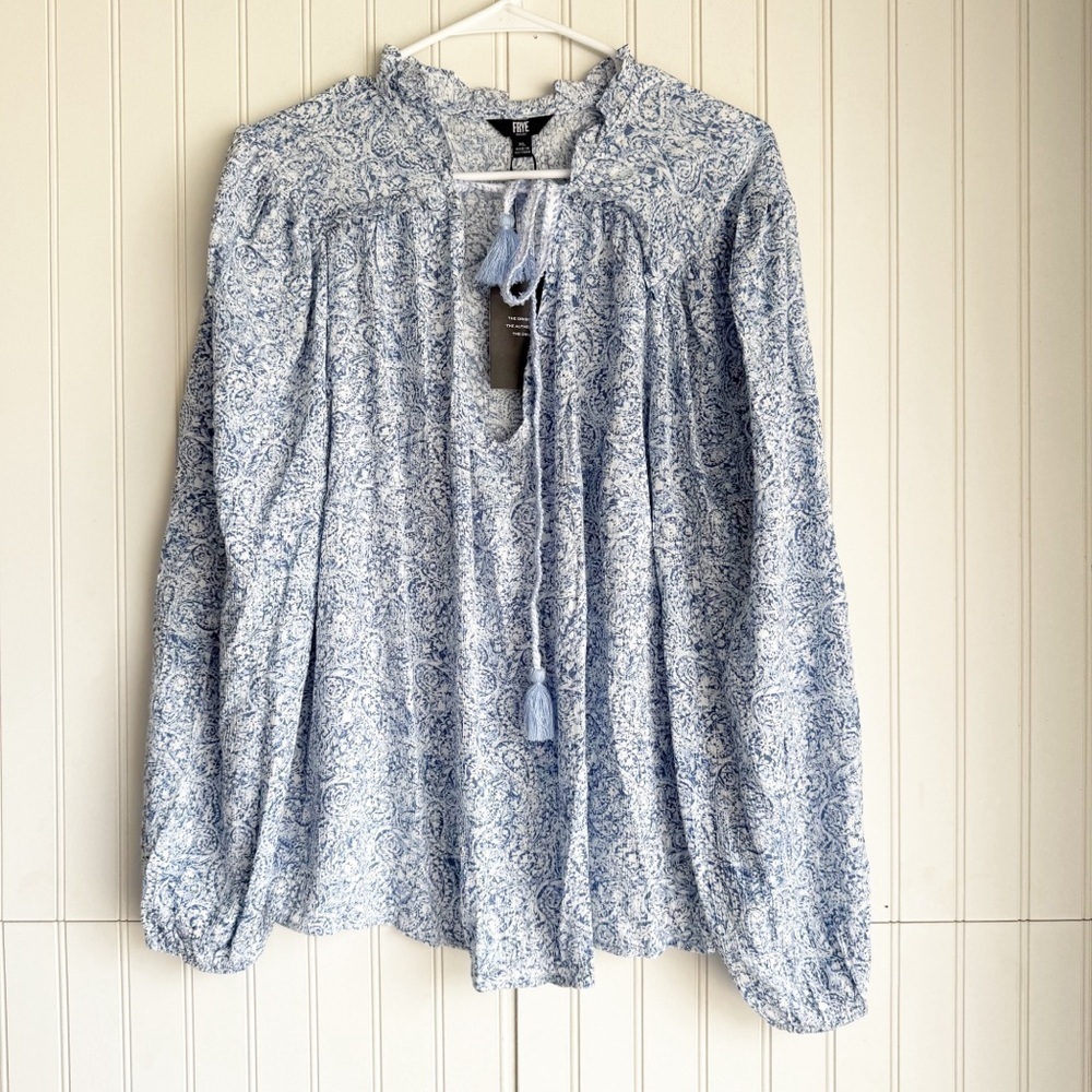 Frye Size XL Blue Floral Paisley Tasseled Bohemian Long Sleeve Top Blouse NEW!
